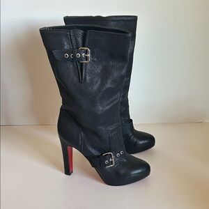 Christian Louboutin Black Leather Mid-Calf Buckle Heeled Boots with Red Soles